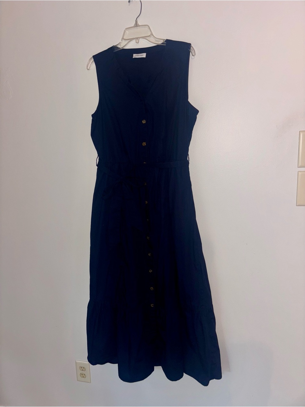 Calvin Klein Navy Blue Sleeveless Button-Front Midi Dress 100% Cotton w/ pockets - Picture 2 of 6